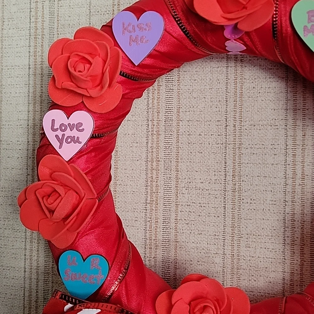 HAND CRAFTED WREATH VALENTINE'S CONVERSATION HEARTS AND ROSES